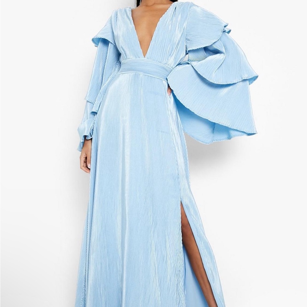 Blue plisse maxi dress with a low split